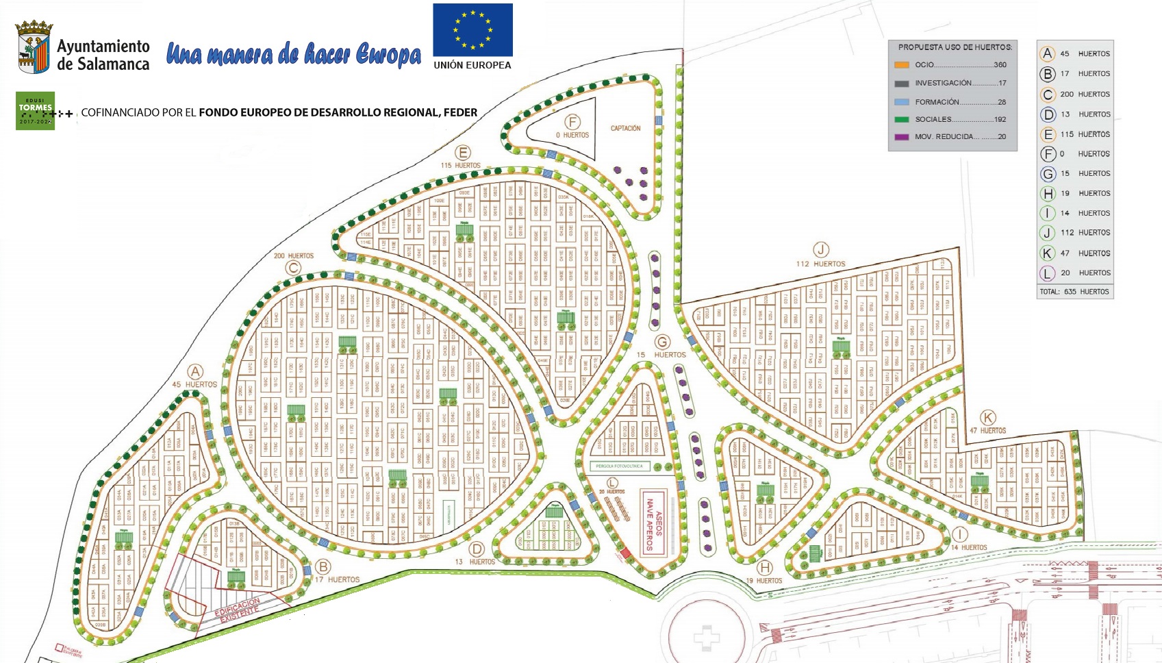 Plano con la distribucion en zonas de los huertos urbanos ecologicos de Salamanca